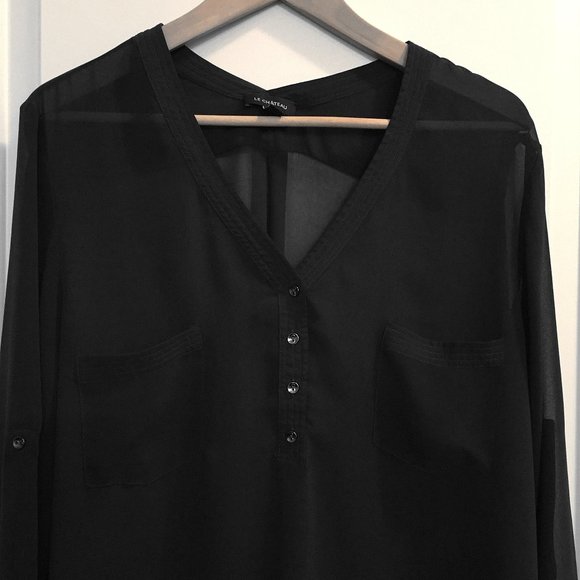 Women's Le Chateau Button Tab Sleeve Sheer dark gray Tunic Blouse Shirt - Picture 3 of 12